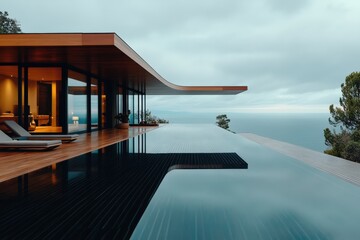 Fototapeta premium Modern architectural design of a luxurious villa with infinity pool overlooking the ocean, showcasing contemporary style and serene environment, relaxation concept