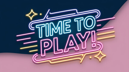Neon "Time to Play!" glowing sign with dynamic lines and game controller symbols, symbolizing gaming, excitement, and energy. Gamer background