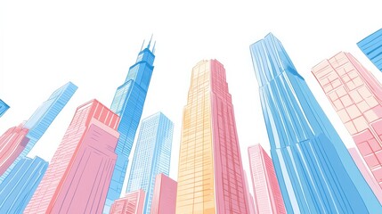 Naklejka premium Colorful skyline of modern skyscrapers reaching towards a bright sky with a minimalistic style