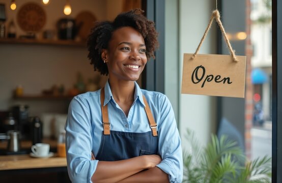 Confident African female entrepreneur in apron stands near coffee shop entrance. Afro American small business owner looks through window with open sign. Indoor portrait of smiling businesswoman