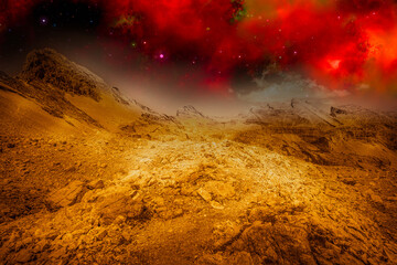 Alien golden landscape, with surface of another planet with rocks and sky full of stars and red nebula. Photo montage that recreates an alien landscape of an extraterrestrial planet