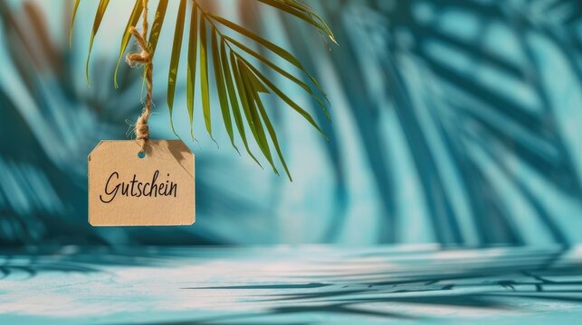 paper label with german word voucher on tropical background with palm leaf