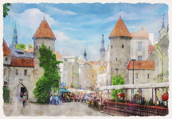 Viru Gates, entrance to the Old Town, Tallinn, Estonia. Famous Landmark. Watercolor painting.