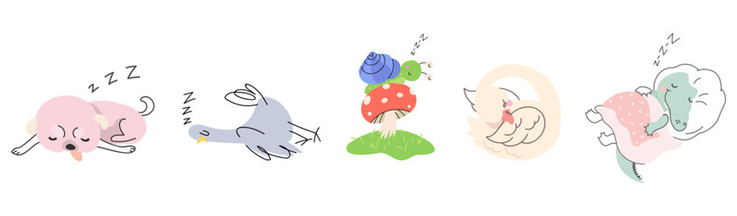Animals sleeping in different poses. Dog pigeon snail crocodile and swan. Resting wild animal, insect, birds and pet. Isolated funny vector characters