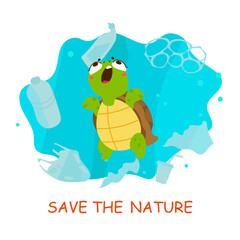 Cartoon turtle and garbage. Trash in ocean or sea, problem of water and planet pollution. Environment, accumulation of waste and its negative impact, vector concept