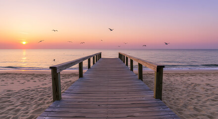 Fototapeta premium A serene wooden boardwalk leading to a tranquil beach at sunset. The sky is painted in soft pastel colors, with fluffy clouds scattered above. The calm ocean waves gently lap at the shore.