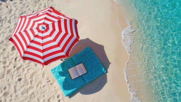 Striped umbrella, towel, book and shells. Top view. Beach with white sand and turquoise water. Vacation, rest, summer and travel concept.