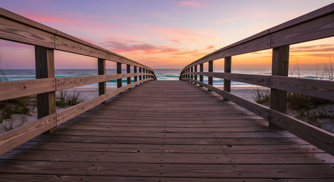 A serene wooden boardwalk leading to a tranquil beach at sunset. The sky is painted in soft pastel colors, with fluffy clouds scattered above. The calm ocean waves gently lap at the shore.