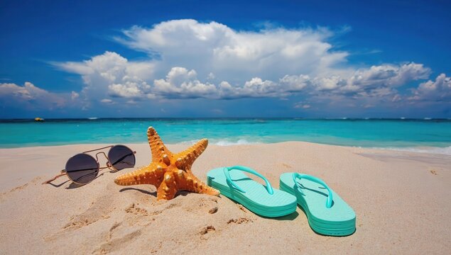 Sunglasses, star shaped shell and blue flip flops on beach with sea in background