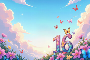 Fototapeta premium Greeting card for 16 years. Vibrant sky with fluffy clouds, colorful butterflies, and blooming flowers celebrating a birthday.
