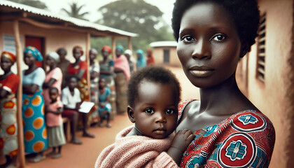 Mother and Child Wait Outside Rural Clinic for Medical Care in a Vibrant Community Setting