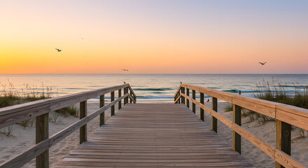 Fototapeta premium A serene wooden boardwalk leading to a tranquil beach at sunset. The sky is painted in soft pastel colors, with fluffy clouds scattered above. The calm ocean waves gently lap at the shore.