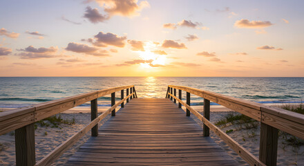 Obraz premium A serene wooden boardwalk leading to a tranquil beach at sunset. The sky is painted in soft pastel colors, with fluffy clouds scattered above. The calm ocean waves gently lap at the shore.