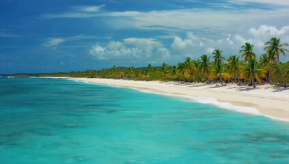 Coast. Sandy seashore. Palm trees. Sunlight.