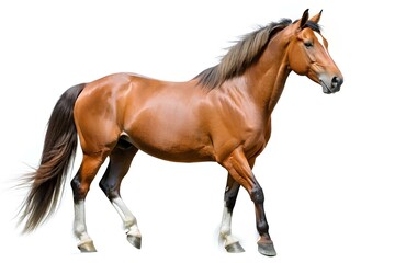 Obraz premium Brown Horse in Motion on White Background, A majestic brown horse walking forward, isolated on a white background. The animal's muscular body, flowing mane, and powerful legs are visible. 
