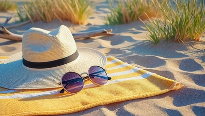 Hat and sunglasses on yellow towel on sand