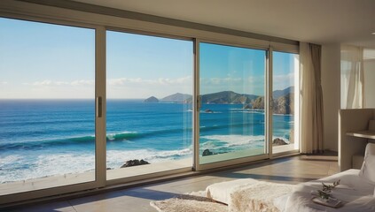 Fototapeta premium Beautiful view of the sea or ocean from a large window. Sunlight