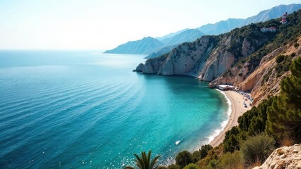 Fototapeta premium Sea view from above, azure waters and coastal landscapes