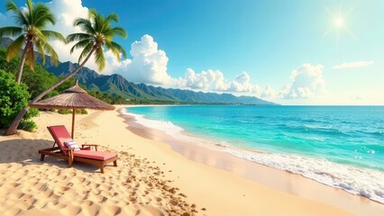 Obraz premium Tropical palm trees and sandy beach on blue sky background and sun loungers. Beautiful landscape. Screensaver, wallpaper. Vacation, travel and tourism concept