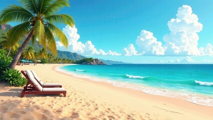 Tropical palm trees and sandy beach on blue sky background and sun loungers. Beautiful landscape. Screensaver, wallpaper. Vacation, travel and tourism concept