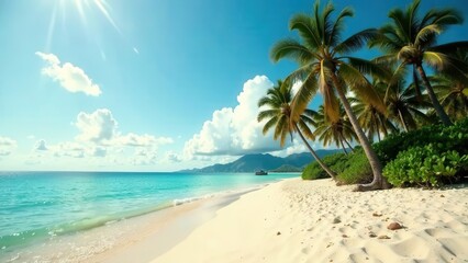 Fototapeta premium Tropical palm trees and sandy beach on blue sky background and sun loungers. Beautiful landscape. Screensaver, wallpaper. Vacation, travel and tourism concept