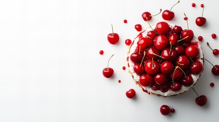 A delectable cherry pie, adorned with glistening red cherries, sits on a white background.  A tempting treat!