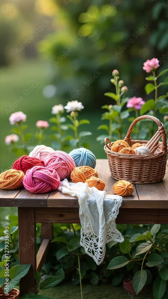 Poster a table with a basket of yarn and a vase of flowers. the yarn is in different colors and sizes