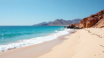 Fototapeta premium Colorful sandy summer beach with mountains in the background. Travel advertising wallpaper