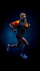 A determined senior Black man in athletic wear runs powerfully against a dark blue background.