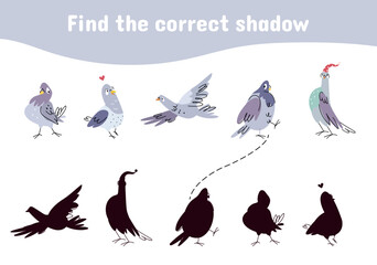 Children puzzle game with cute pigeons. Find correct shadow. Education play for toddlers, kindergarten preschool entertainment vector template