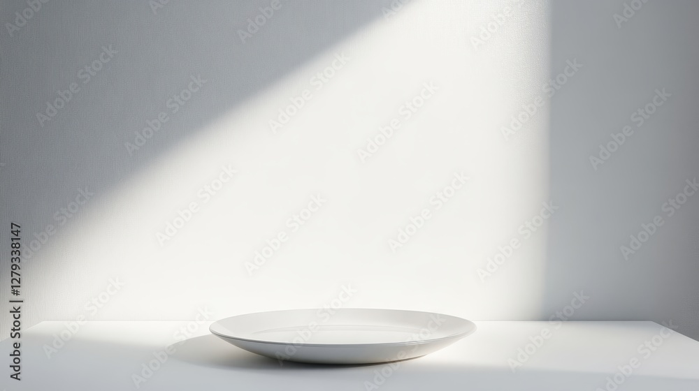 Poster bright light shines on a white platform in a minimalist studio space creating a dynamic visual contr