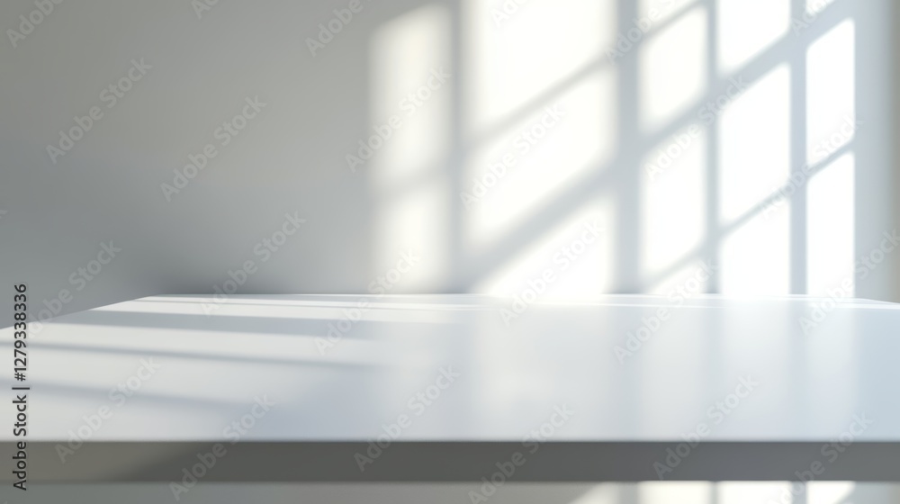 Poster bright light shines on a white platform in a minimalist studio space creating a dynamic visual contr