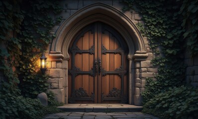 Ornate wooden door with ivy