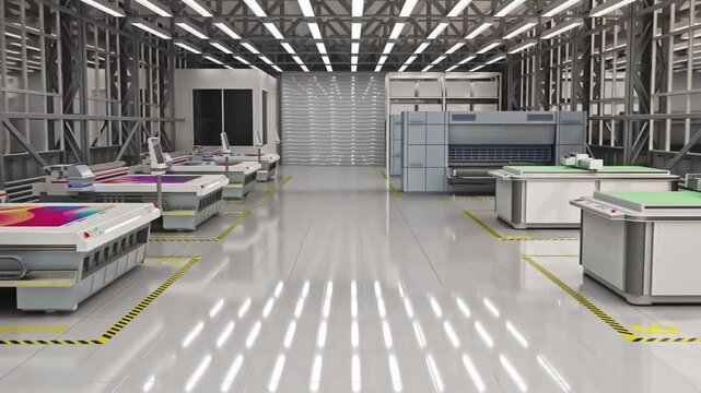 Sliding motion along factory interior with wide format flatbed industrial UV plotters and printers. 3d animation