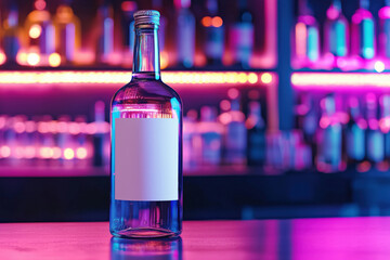 A drink bottle with a blank mock up label on a bar with neon lights background