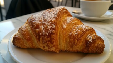 Delicious Croissant Served Alongside a Steaming Cup of Coffee in a Cozy Cafe Setting During Morning Hours