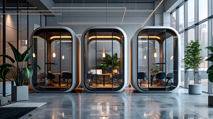 Modern office with glass pods workspace, innovative interior design for private meeting rooms
