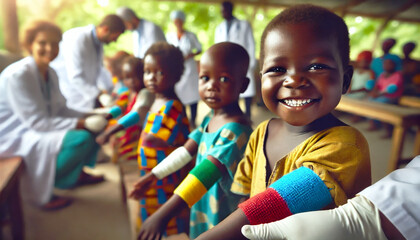 Smiling Children Celebrate After Receiving Medical Care With Colorful Bandages in a Vibrant Community Setting - obrazy, fototapety, plakaty