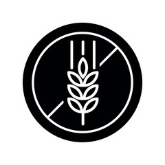 Gluten Free Round Black Vector Flat Label with Wheat Sign on White Background. Organic, Bio and Ecological Label for Packaging Design. Certified Food Badge, Stamp.	