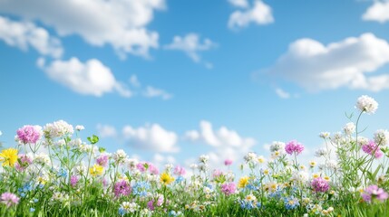 Obraz premium Colorful wildflowers bloom in a green meadow under a bright blue sky with fluffy white clouds during a sunny spring day.