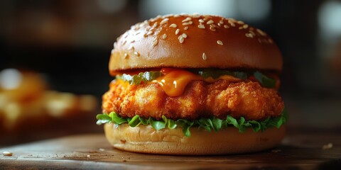 Crispy chicken sandwich with fresh lettuce and sauce on a wooden table in a casual dining setting