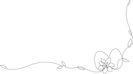 Obraz premium Continuous one line drawing of Easter decoration with eggs and spring flowers. Happy Easter greeting banner design. Vector illustration, editable stroke.