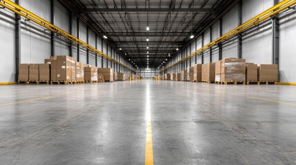 Empty warehouse interior with stacked boxes