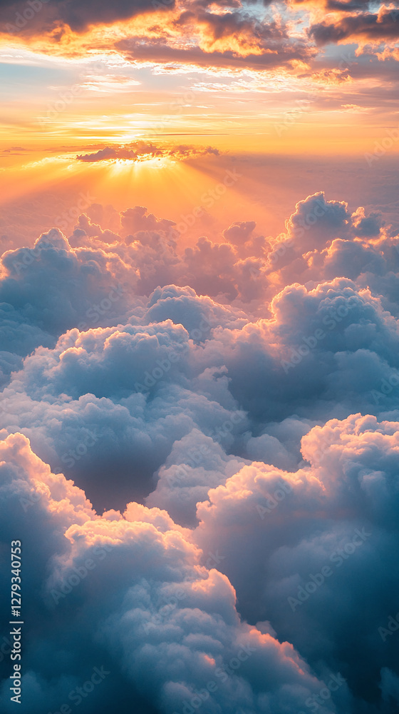 Poster an aerial view of dramatic clouds at sunset with rays of golden light breaking through, symbolizing 