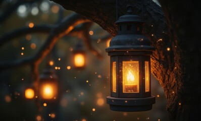 Radiant lanterns hanging on branches