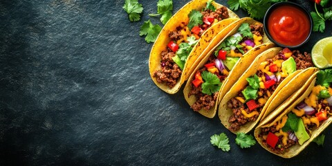 Tasty tacos filled with seasoned meat, fresh vegetables, and vibrant toppings served on a black stone countertop