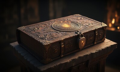 Intricate antique book on wooden pedestal
