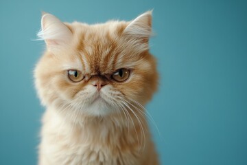 Portrait of cute funny cat in studio over blue background looking seriously at camera, closeup