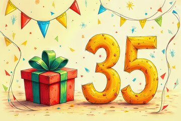 Fototapeta premium Greeting card for 35 years. Festive illustration with colorful banners, confetti, and a gift box.