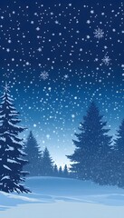 Fototapeta premium Winter wonderland depicts falling snow over evergreen trees at night